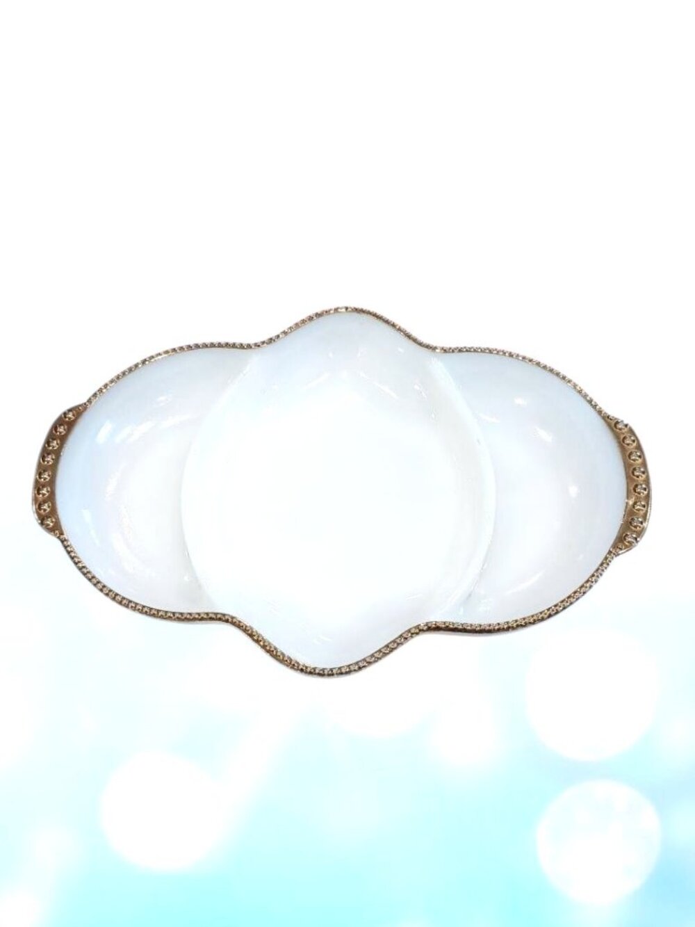 Vintage Fire King Ovenware Milk Glass Divided Relish Nut Tray Dish Gold Trim 50s